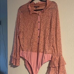 Lace Button-Front Pink Bodysuit Top